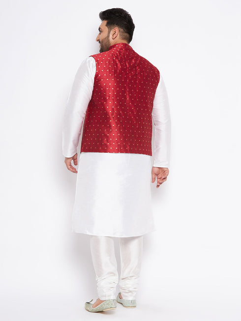 Vastramay Men's Plus Size Maroon Zari Weaved Nehru Jacket With Kurta Pyjama set
